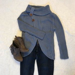 Blue Cowl Neck Crop Sweater